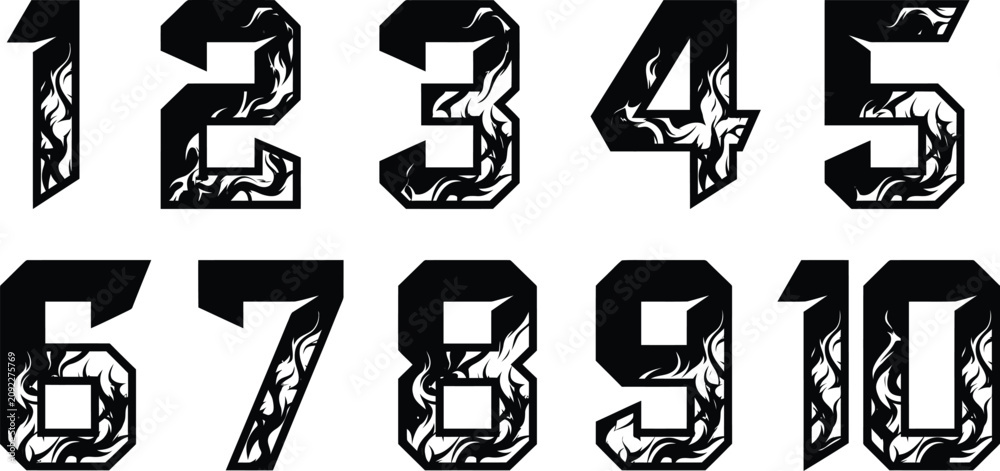 Fototapeta premium Black numbers 1 through 10 with a fiery flame effect inside the digits, presented on a white background.