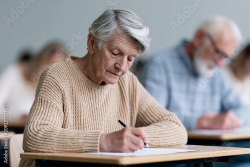 Elderly woman concentrating on writing during a classroom test with other senior students sitting in the background focused