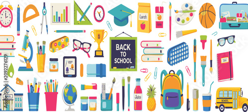 Back to school icons, colorful educational symbols, learning objects, school supplies, vector illustrations