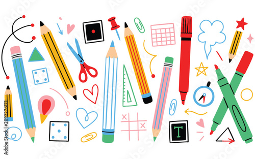 Colorful school supplies, stationery icons, educational tools, office materials