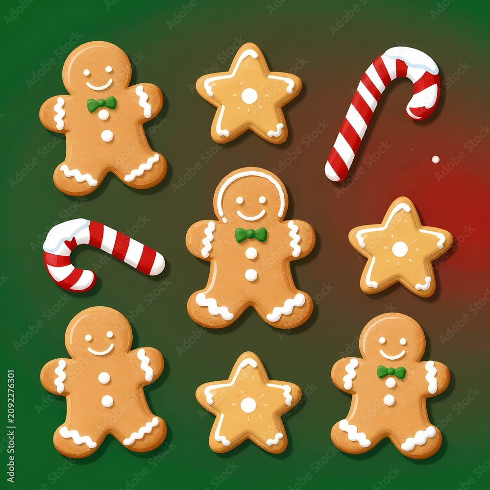 Naklejka premium Gingerbread cookies and candy canes christmas illustration, festive flat style christmas illustration for greeting cards