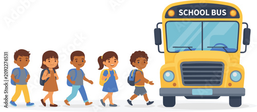 School children walking with backpacks beside yellow school bus, education transportation vector
