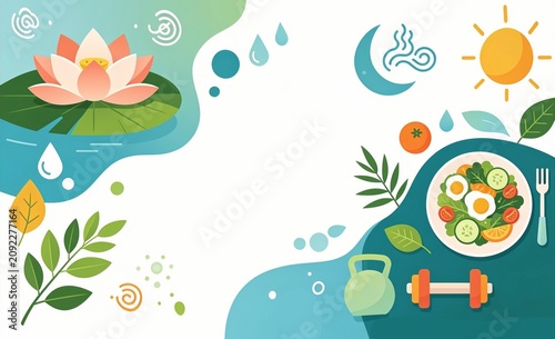 National Wellness Month August Background with Healthy Lifestyle, Meditation, Yoga, Nutrition and Fitness Illustration