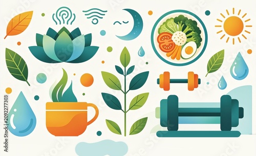 Healthy Lifestyle and Wellness Icons Set with Meditation, Nutrition, Fitness, Hydration, and Nature Vector Illustration