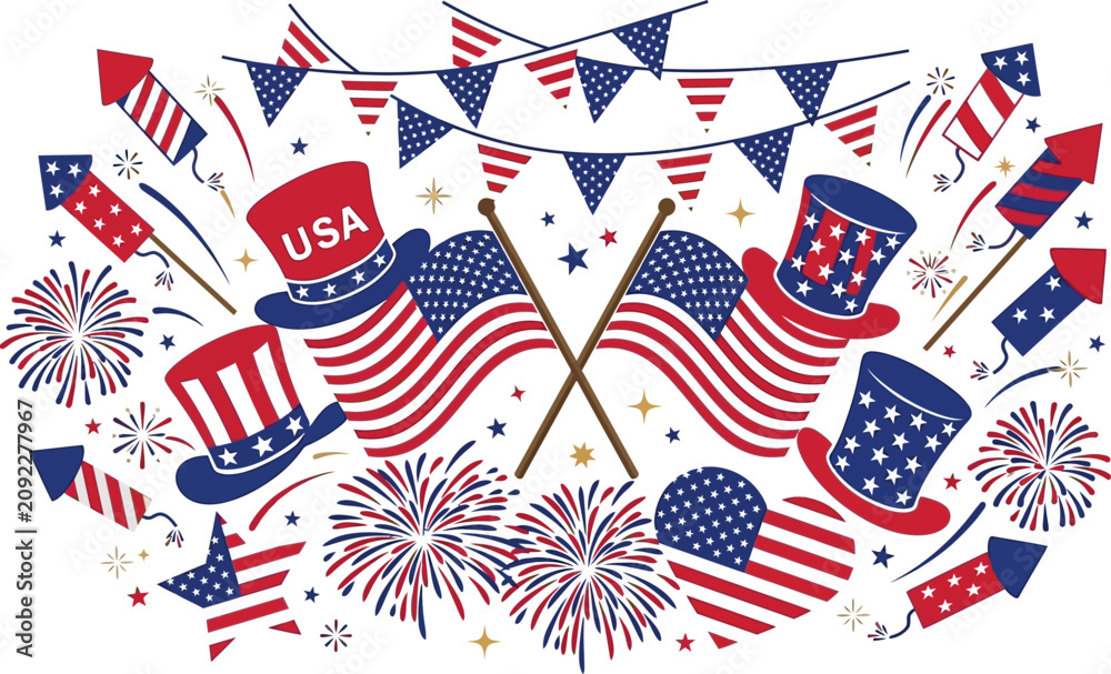 Obraz premium 4th of July Independence Day Icons Collection Vector Set with USA Flag Fireworks Uncle Sam.