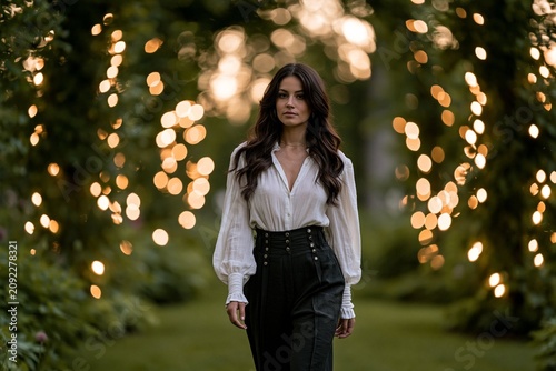 Young woman with long wavy hair wearing a white blouse and high-waisted black pants walking outdoors with blurred Christmas lights in the background
