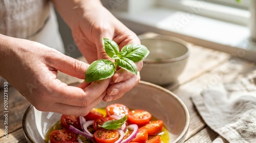 culinary detail, a close-up of hands adorned with natural nails holding fresh basil over a vibrant tomato salad