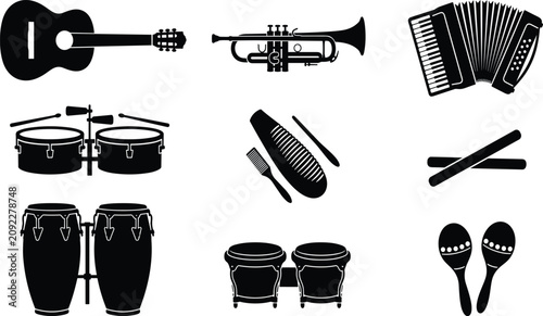 Schilderij op canvas Latin musical instruments black silhouettes set, guitar, trumpet, accordion, tim