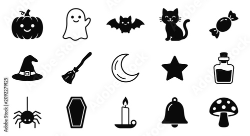 Obraz na plátně Cute Halloween icon set with spooky pumpkin ghost black cat bat candy spider and