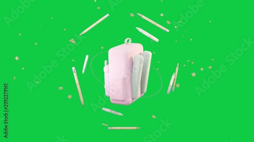 Dot expanding into pink backpack, pencils orbiting in rings, rotating and showcasing on transparent