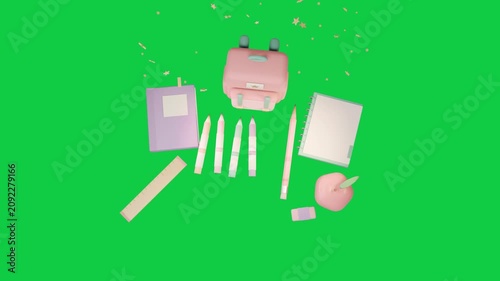 Backpack appearing triggers supplies floating, aligning into balanced flatlay on transparent canvas