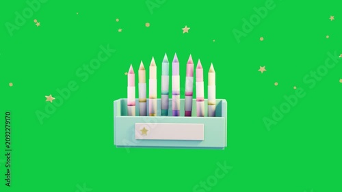 Bar expanding into mint box, pastel pencils rising, revealing row, stars twinkling transparent bg