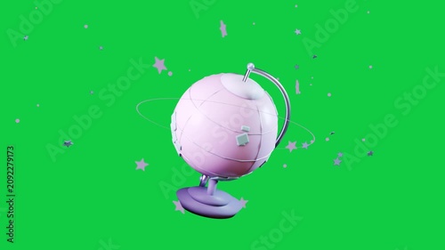 Black frame fading, globe rotating, scaling with rings orbiting, showcasing globe on clear backdrop