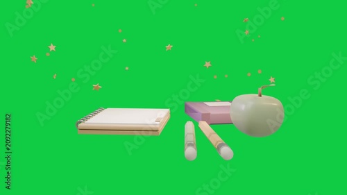 Pale green apple appearing, stationery assembling for balance, stars drifting over transparent bg