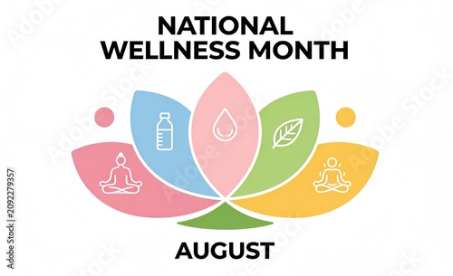 National Wellness Month August Banner with Lotus Flower, Meditation, Hydration and Healthy Lifestyle Icons Vector Illustration