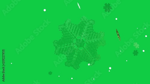 Starting tilt moving hex crystal spinning as small bits drifting showing green tint, transparent bg