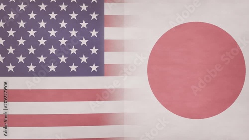 Seam splitting, US and Japan flags tearing, revealing black gap on transparent bg showing division