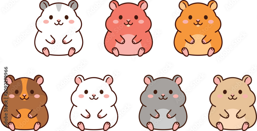 Obraz premium Cute kawaii hamster mascot collection featuring adorable round cartoon rodents with different colors and playful expressions vector illustration