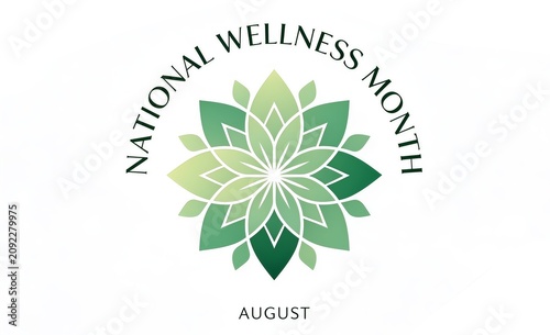 National Wellness Month August Banner with Green Lotus Mandala, Botanical Leaves and Holistic Wellness Vector Illustration