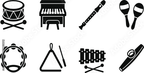Schilderij op canvas Musical, instrument, icon, set, containing, drum, piano, recorder, maracas, tamb