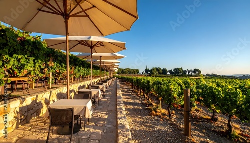 vineyard patio with table and umbrella.