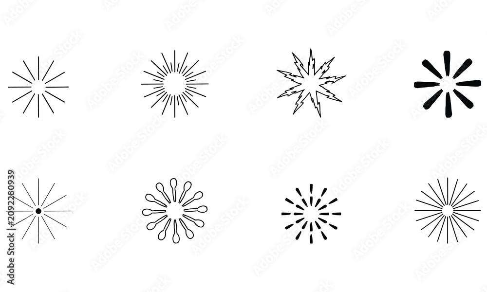 Obraz premium A collection of eight black sunburst, starburst, and radial line isolated on a white background, for