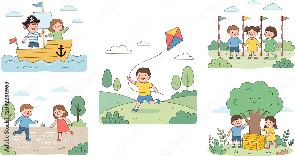 Fototapeta premium Cute outdoor adventure illustration collection featuring children playing, camping, sailing, kite flying, and summer park activities