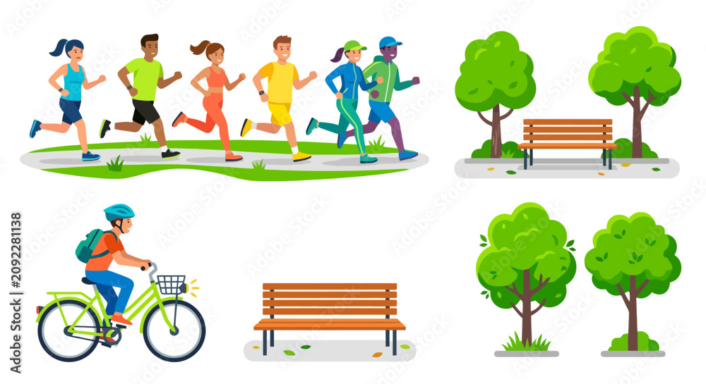 Fototapeta premium Diverse group of people jogging and riding a bike in a public park