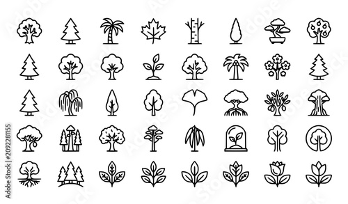 Tree Outline Icon Set with Forest Botanical and Nature Symbols