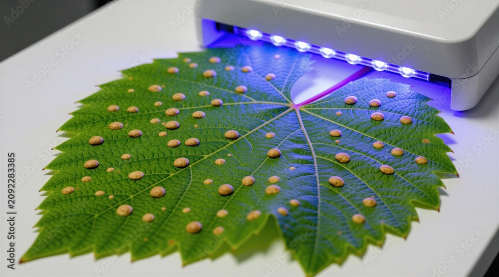 Fototapeta premium Green leaf with brown spots under blue light device. Plant research for disease identification or pest detection. Scientific analysis of crop health. Botany study. Agronomy innovation.
