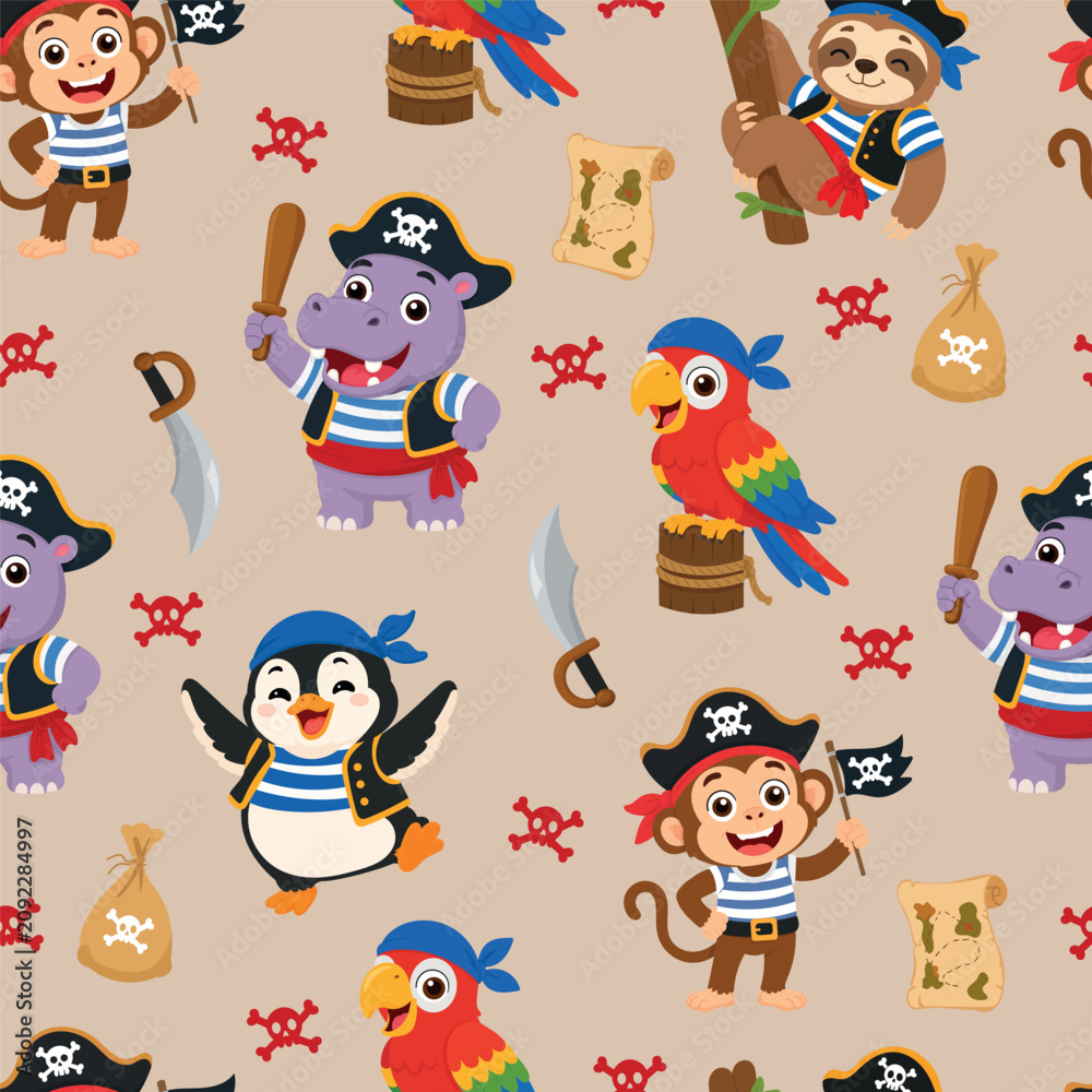 Naklejka premium Seamless pirate pattern with monkey, penguin, hippopotamus, parrot and sloth. Cute flat vector background for kids, fabric, wallpaper and prints.