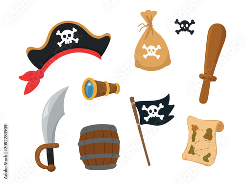 Εκτύπωση καμβά Cute pirate accessories set with hat, sword, telescope, treasure map, flag, barrel, club and loot bag
