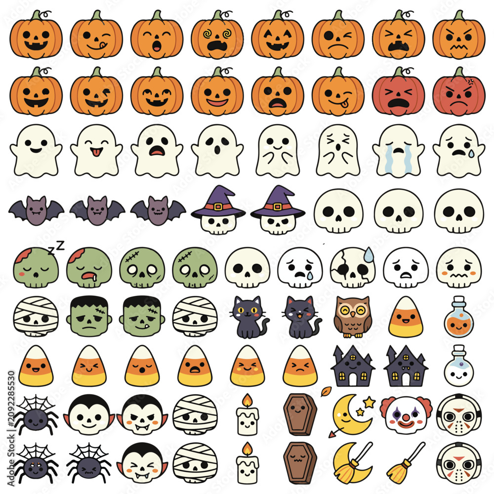 Fototapeta premium Cute Halloween-themed cartoon characters and icons