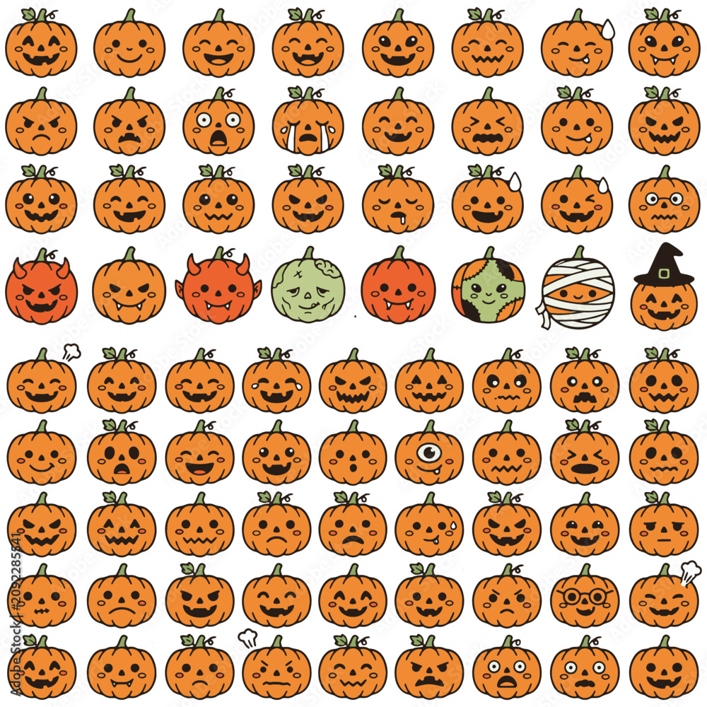 Obraz premium Halloween Pumpkin Faces Illustration with Various Expressions