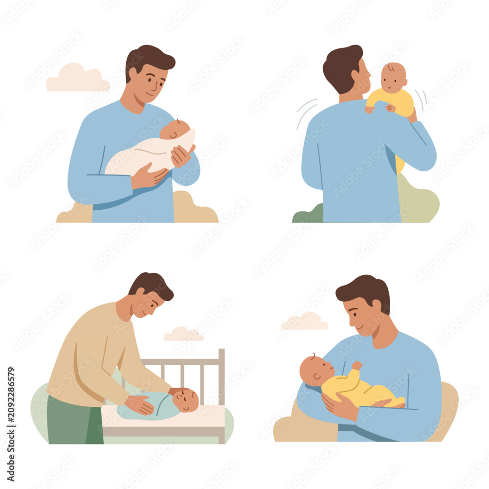 Fototapeta premium Caring newborn father taking care of his little infant baby boy or girl in cozy flat vector character design collection