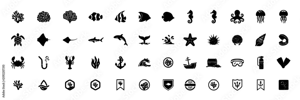 Fototapeta premium Icons Depicting Coral Reef Ecosystem Elements and Related Symbols in Black and White Featuring Illustration, Marine, Life