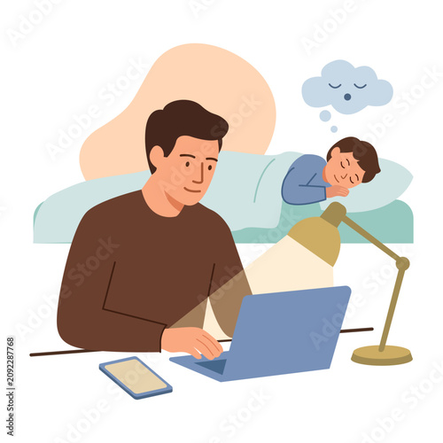 Overworked father working late night on a laptop while his kid is sleeping peacefully in bed flat vector