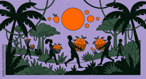 Tropical harvest scene with farmers carrying fruit baskets in a jungle