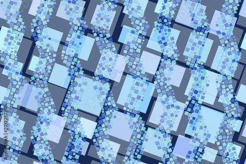Seamless geometric pattern. Abstract blue background. Wave pattern with a mosaic texture, embellished with lines and squares.