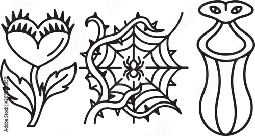 Set of carnivorous plants and spider web icons, Venus's flytrap and pitcher plant, hand drawn line art vector illustration for dark nature theme