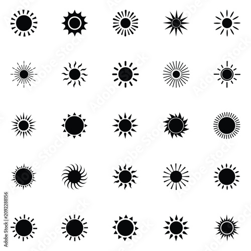 Foto Collection of black sunburst icons on white background