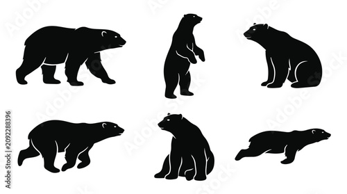 A set of six polar bears walking and standing in various poses silhouette vector illustration on a white background
