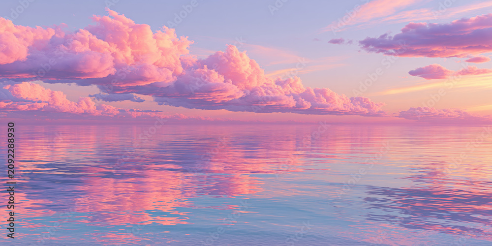Fototapeta premium Serene Sunset Over Calm Water with Fluffy Clouds