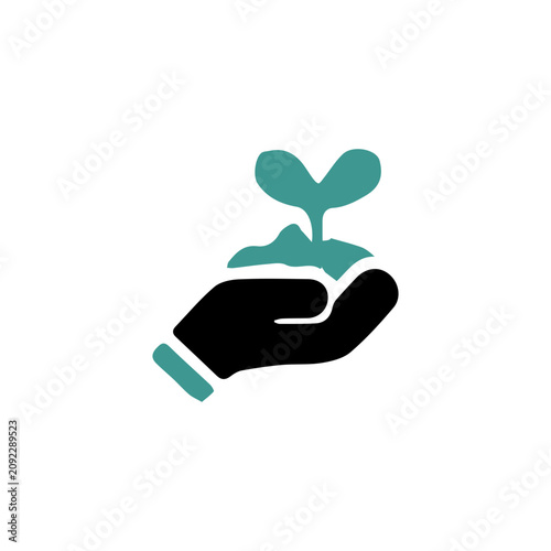 Hand holding soil with young sprout leaf icon, flat isolated vector illustration