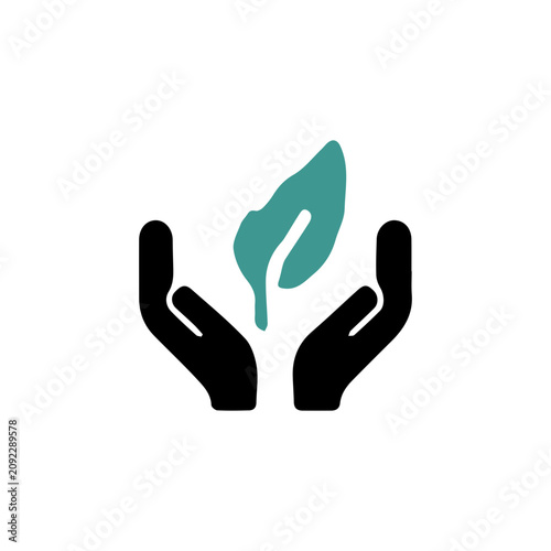 Hands holding green leaf icon, flat isolated vector illustration