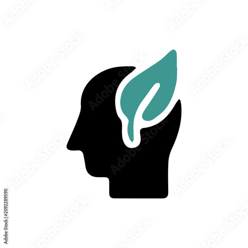 Human profile head with green leaf thinking icon, flat isolated vector illustration