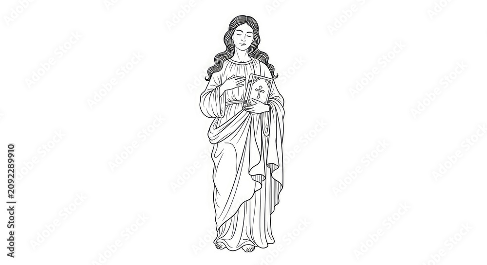 Fototapeta premium A serene woman holds a book with a cross, standing in a classical style. She is depicted with long, flowing hair and a contemplative expression.