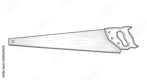 A wooden handsaw rests on a white background. The saw has a long blade and a contoured handle.