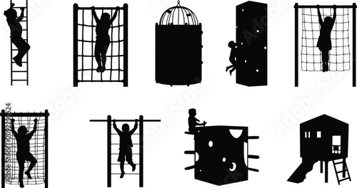 Fotografía Kids Playground Climbing Equipment Silhouette Collection with Rope Nets Ladders