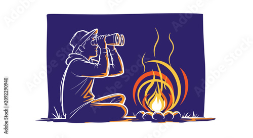 Adventurer using binoculars sitting by a glowing campfire at night
